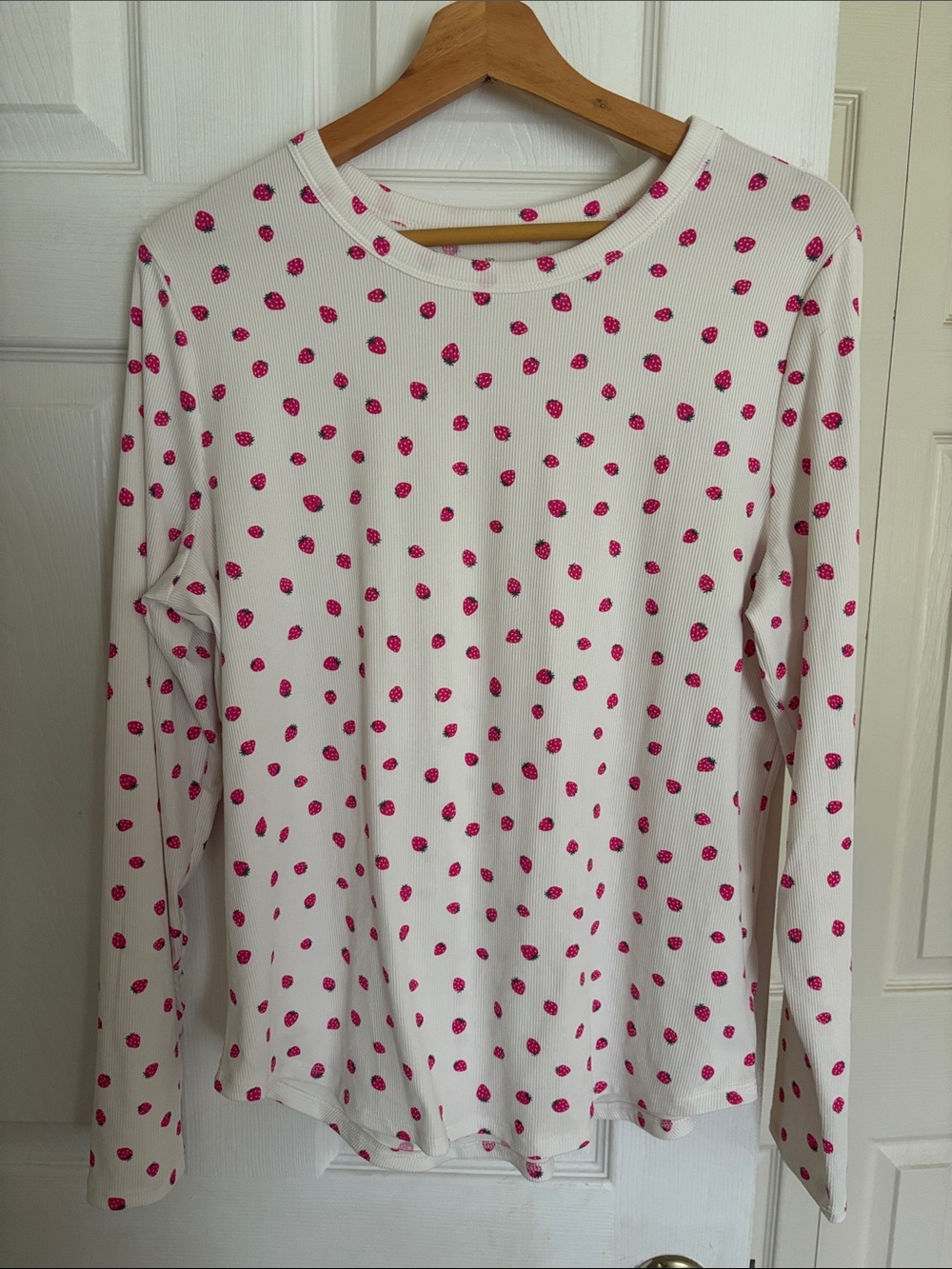 No Boundaries White Long-Sleeve Tee with Pink Strawberry Dots